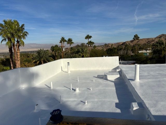 White, flat roof with various vents and a parapet wall, overlooking a desert landscape with palm trees and mountains under a blue sky.