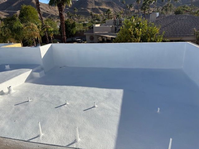 White flat roof with a parapet wall. Standoffs are visible on the surface. Distant mountain and palm trees in the background.