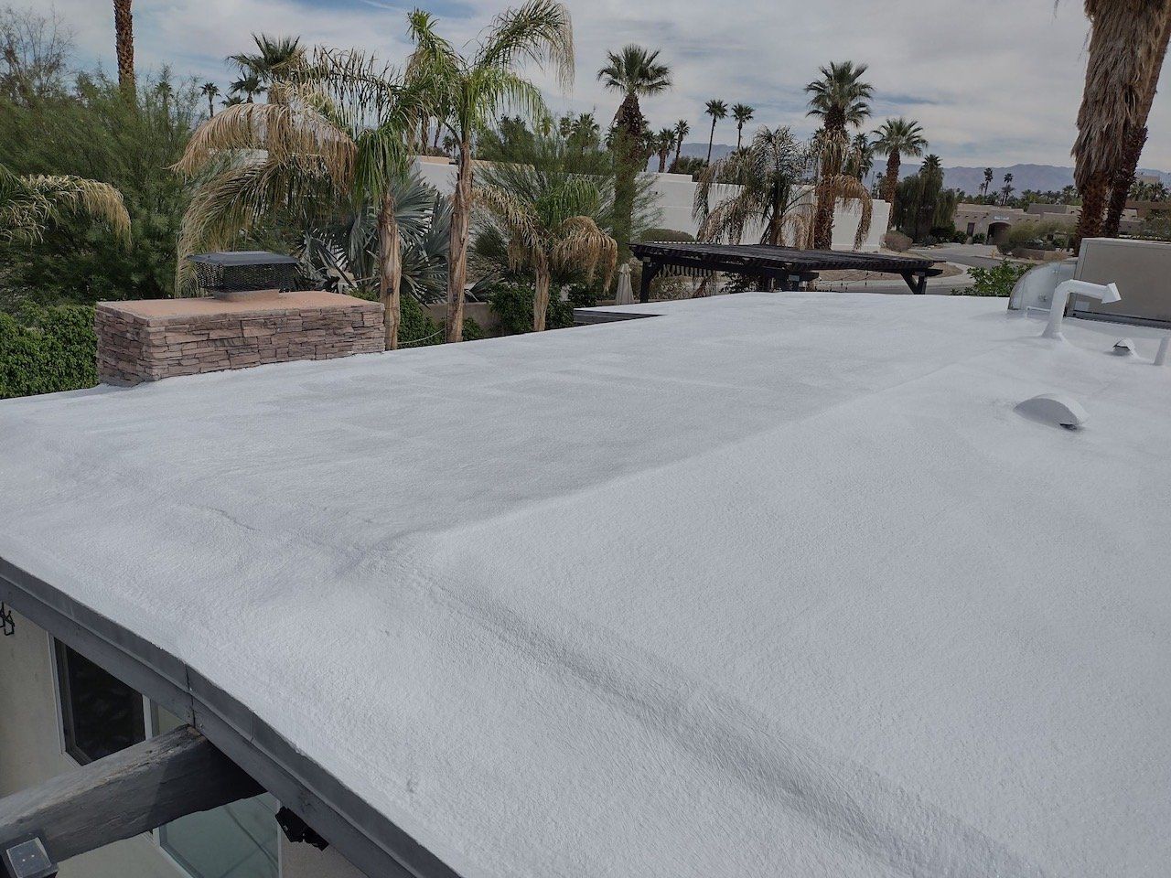 White roof with a slight slope, surrounded by palm trees and desert landscaping.