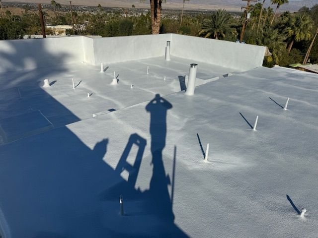 A person's shadow on a white, flat roof with various vents. Palm trees and a distant mountain range are visible.