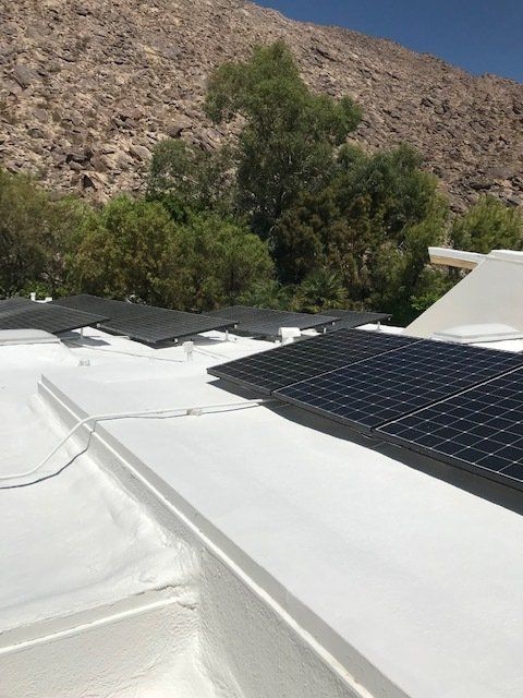 Solar panels on a white roof against a background of a tree line and a mountain under a blue sky.
