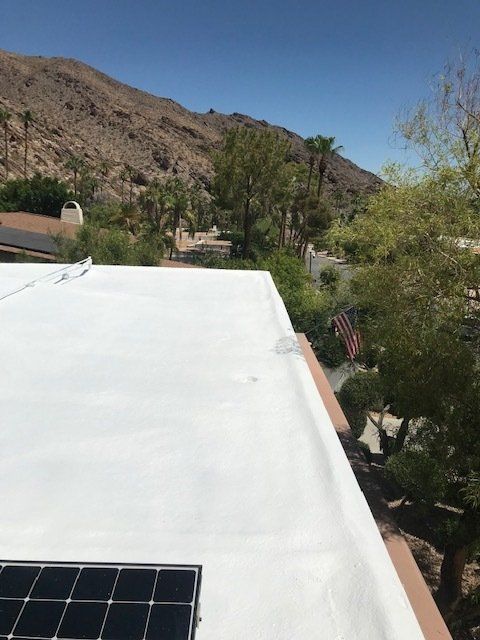White flat roof with a solar panel, trees, and a mountain in the background under a blue sky.