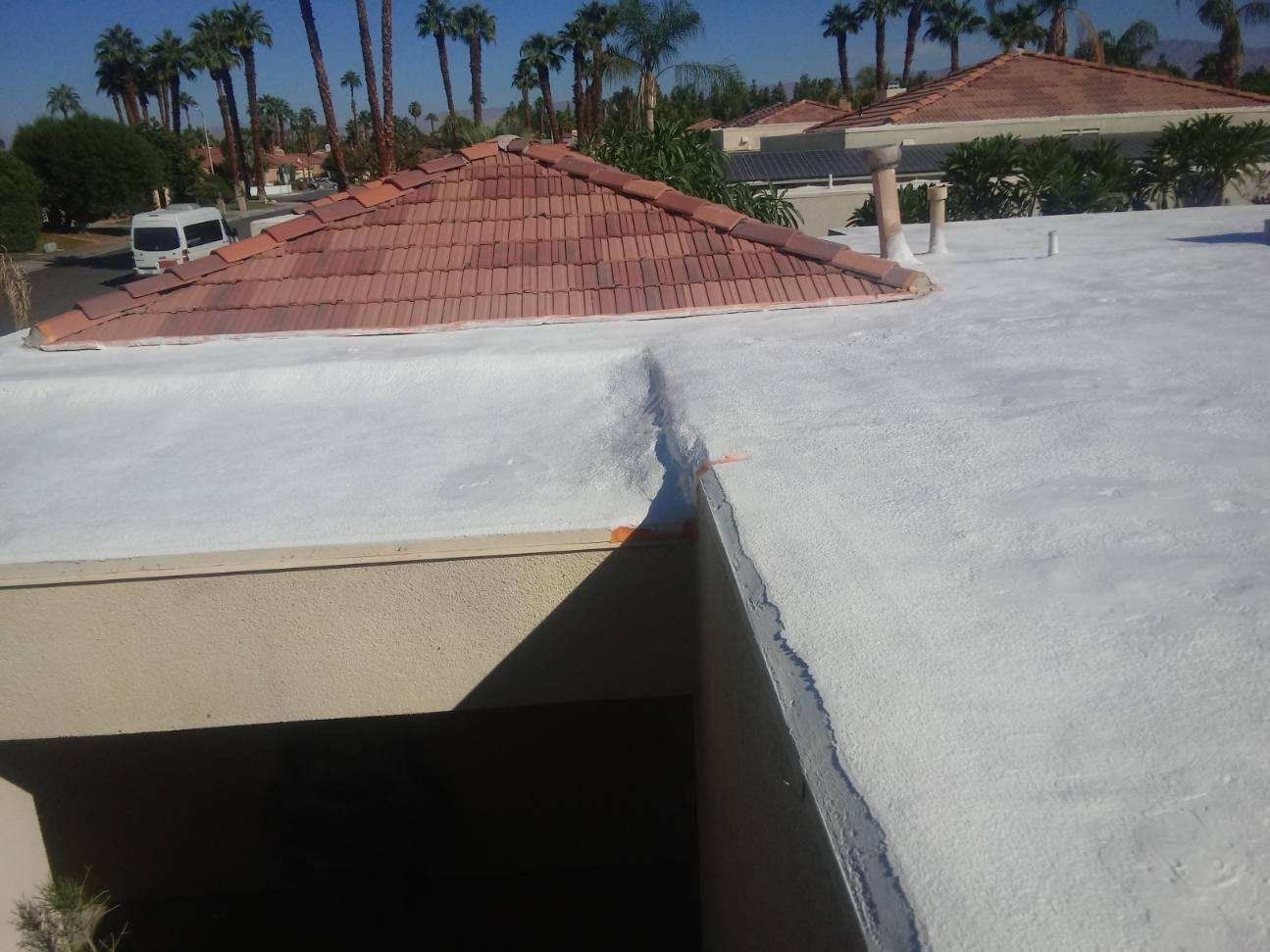 View of a white-coated flat roof with a red tile roof in the background, palm trees and suburban setting.