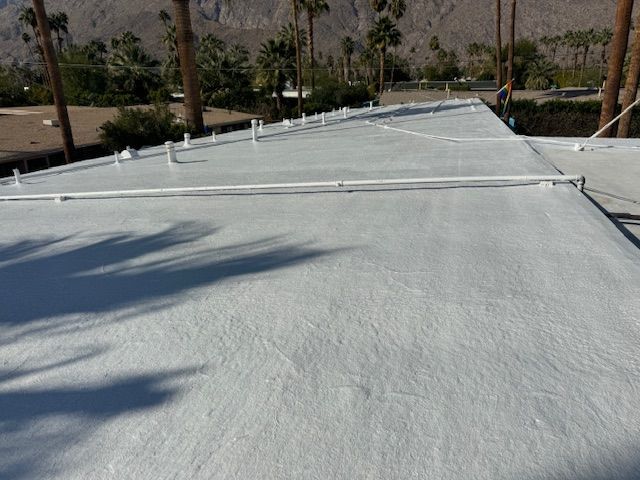 White flat roof with pipes, possibly recently coated, with palm trees in the background.
