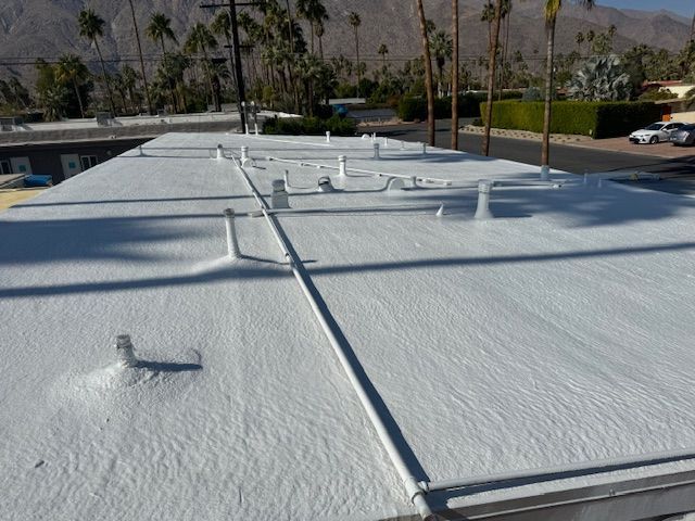 White-coated flat commercial roof with pipes and vents against a backdrop of palm trees and buildings.