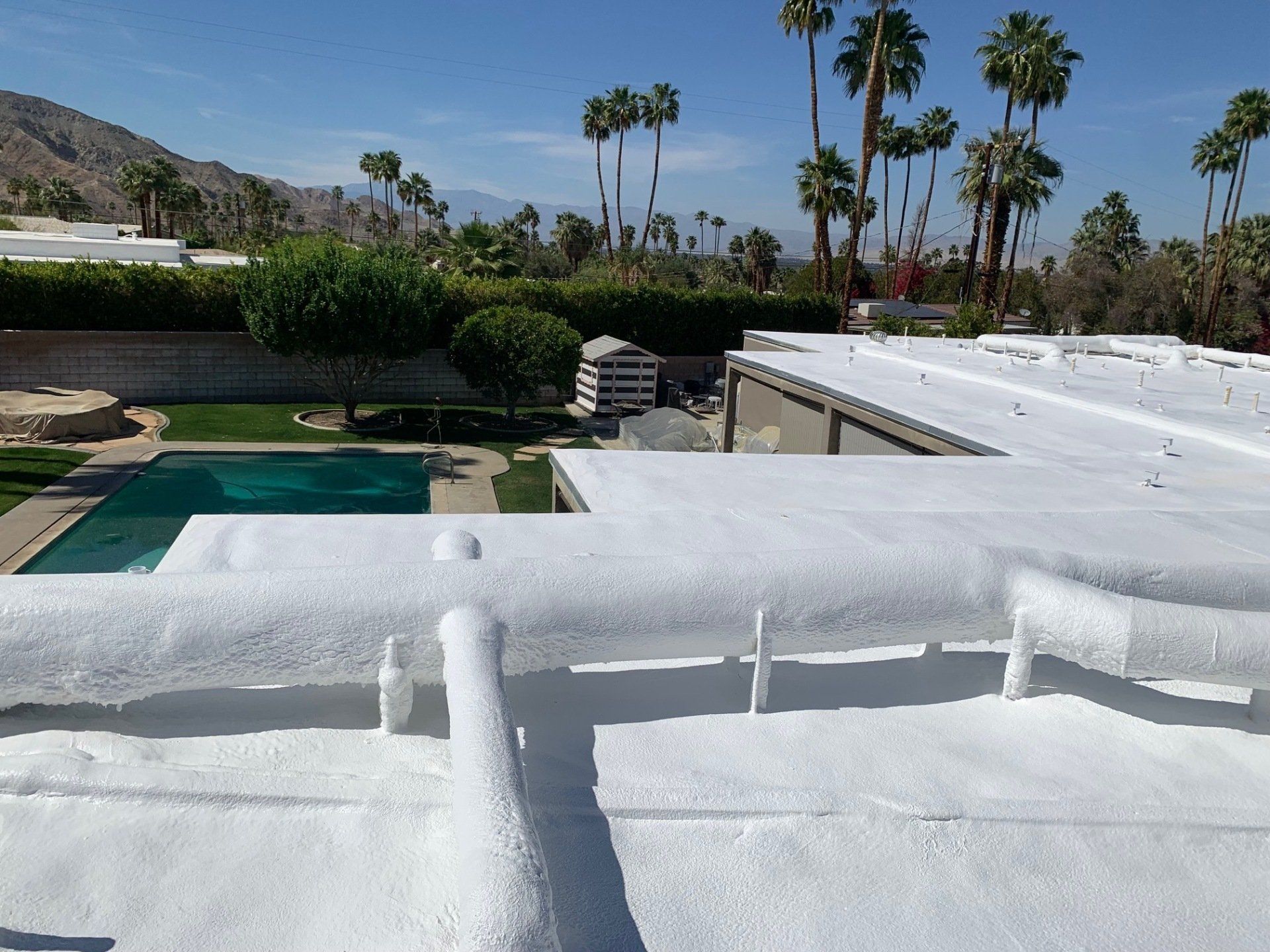 A white roof with snowy coating, overlooking a pool and palm trees under a blue sky in a sunny, desert setting.