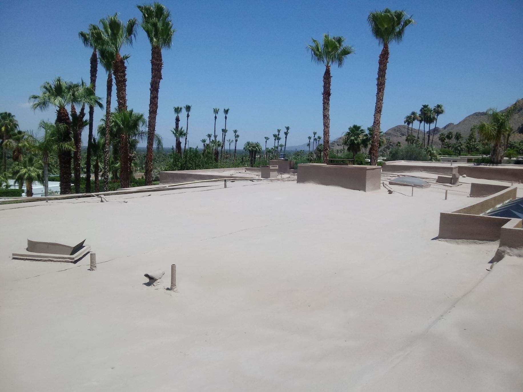 Wide shot of a construction site on a sunny day with palm trees and a clear blue sky.
