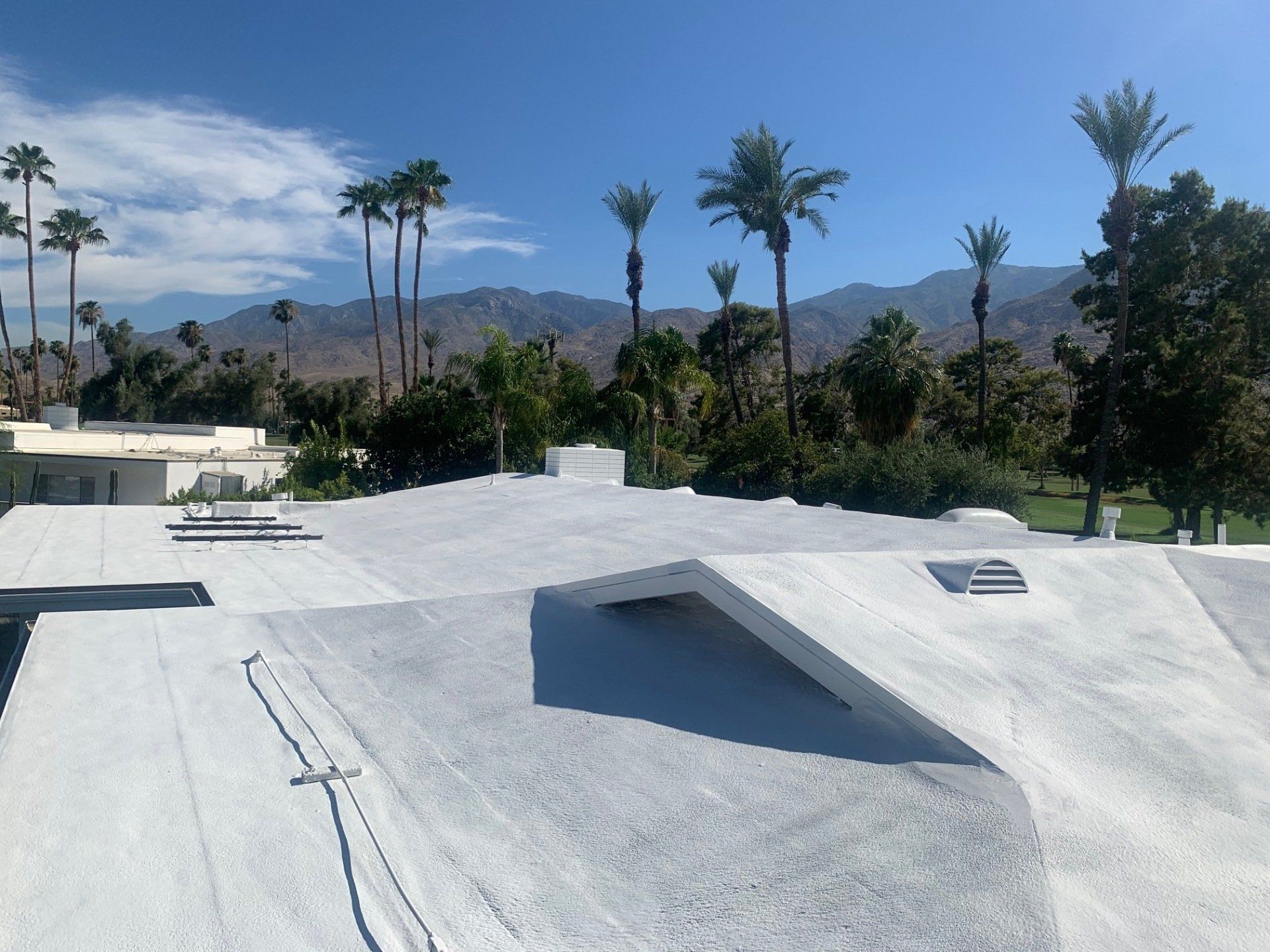 White roof with mountains and palm trees in the background under a bright blue sky.