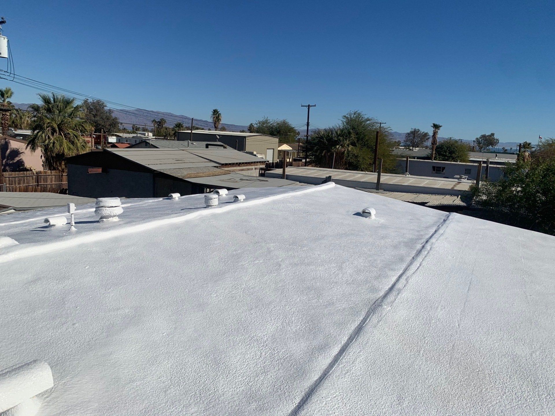 White roof with several vents against a backdrop of buildings, trees, and a clear blue sky.