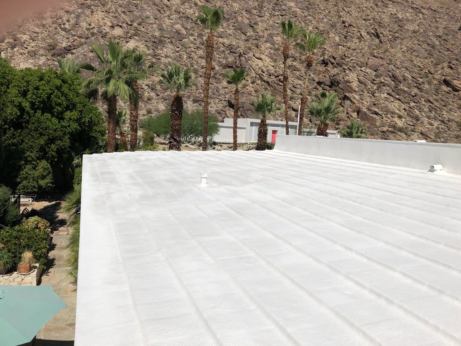White roof with ridged texture, with palm trees and rocky mountain in the background. Sunny, outdoor setting.