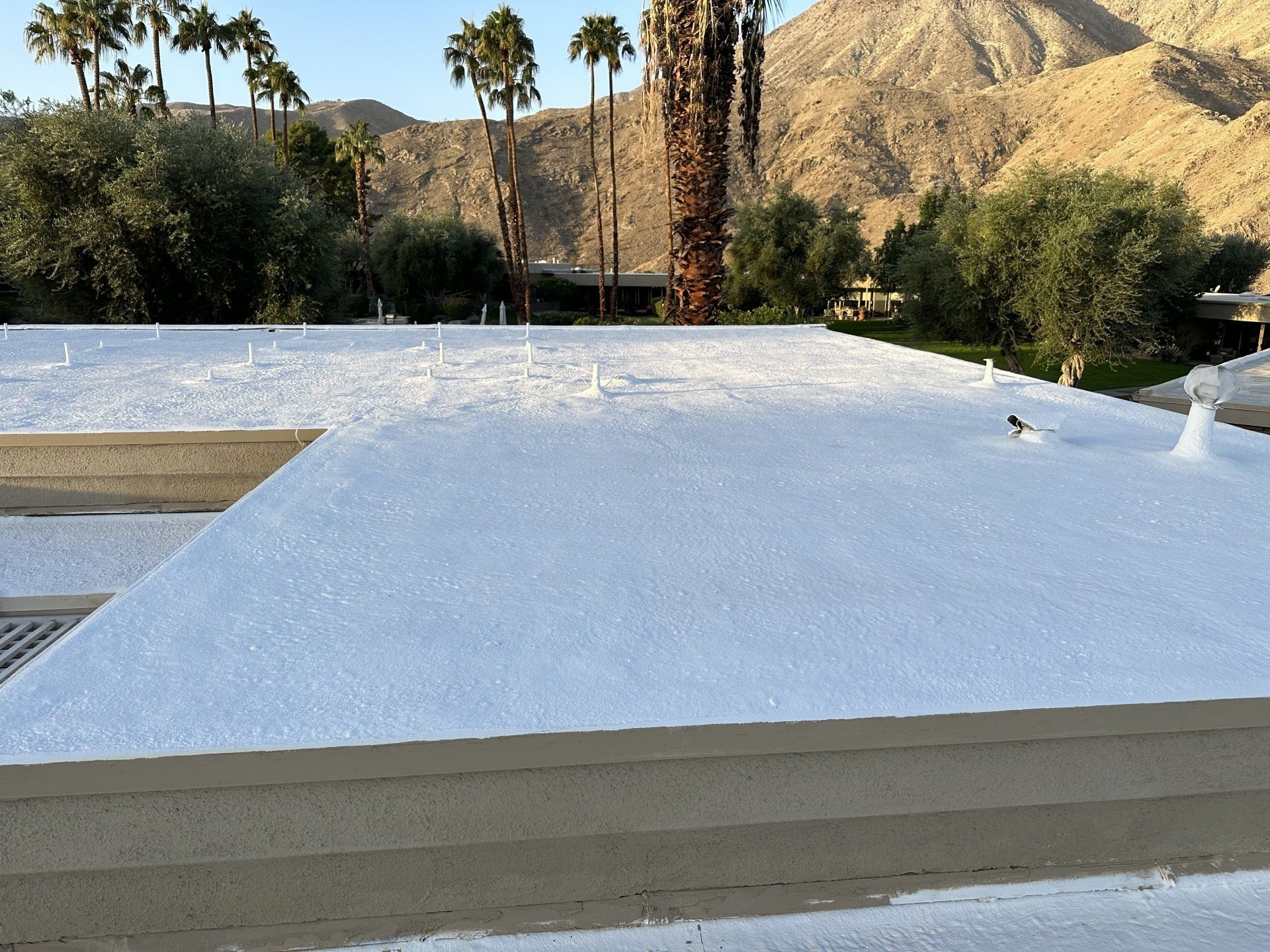 A flat rooftop covered in white hail or snow, with palm trees and mountains in the background under a sunny sky.