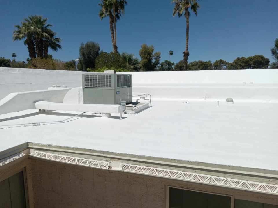 White flat roof with a central AC unit, palm trees in the background, and a sunny sky.