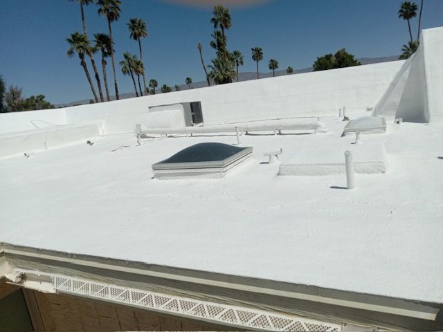 White commercial roof with skylight and vents against a blue sky, with palm trees in the background.