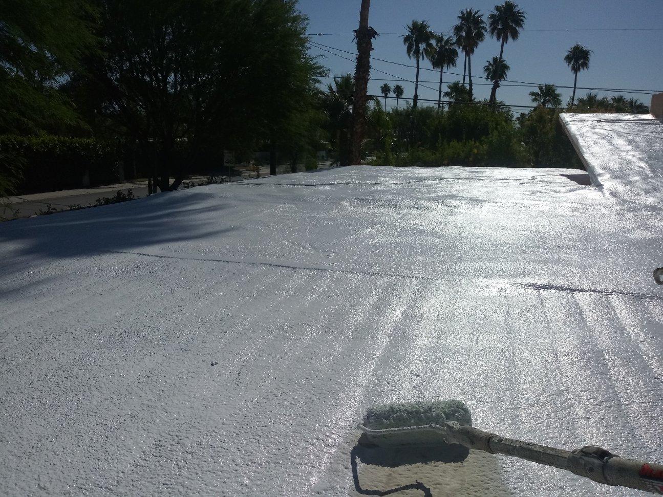 Person rolling white sealant on a flat roof under a sunny sky with trees in the background.