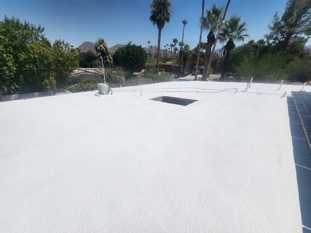 White flat roof with a rectangular opening, palm trees, and a clear blue sky in a sunny outdoor setting.