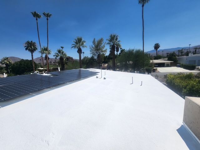 White rooftop with solar panels, palm trees, and a clear blue sky in a sunny desert setting.
