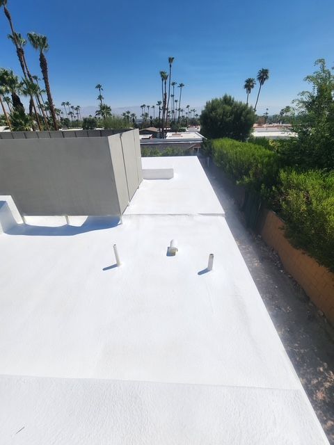 White flat roof with drain pipes, surrounded by hedges, buildings, and palm trees under a clear blue sky.