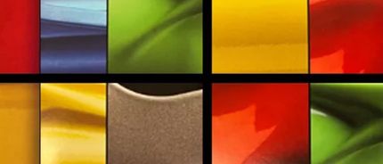 A bunch of different colored Metal Coating options are lined up in a grid