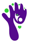 Purple hand reaching upward with a person and green circles, and a heart.