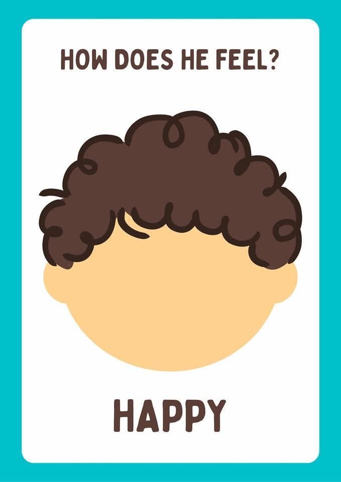 Cartoon face with brown curly hair, feeling happy. Text: