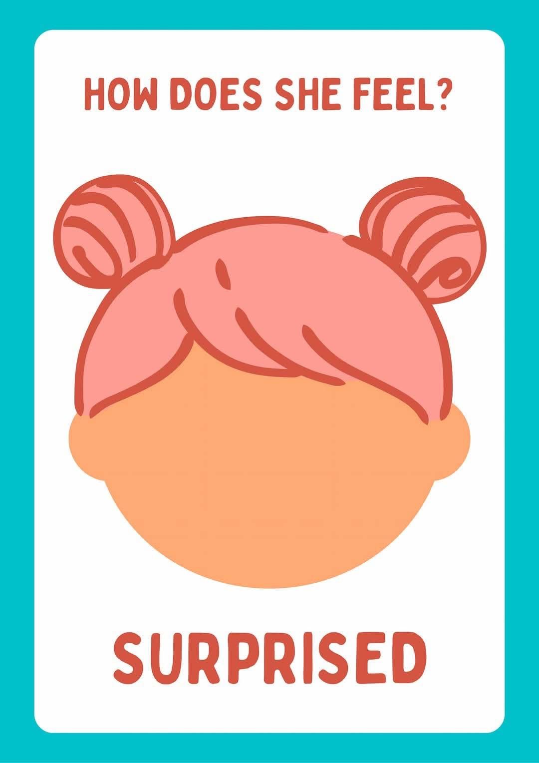 Card shows a cartoon person with pink hair buns, looking surprised. Text: