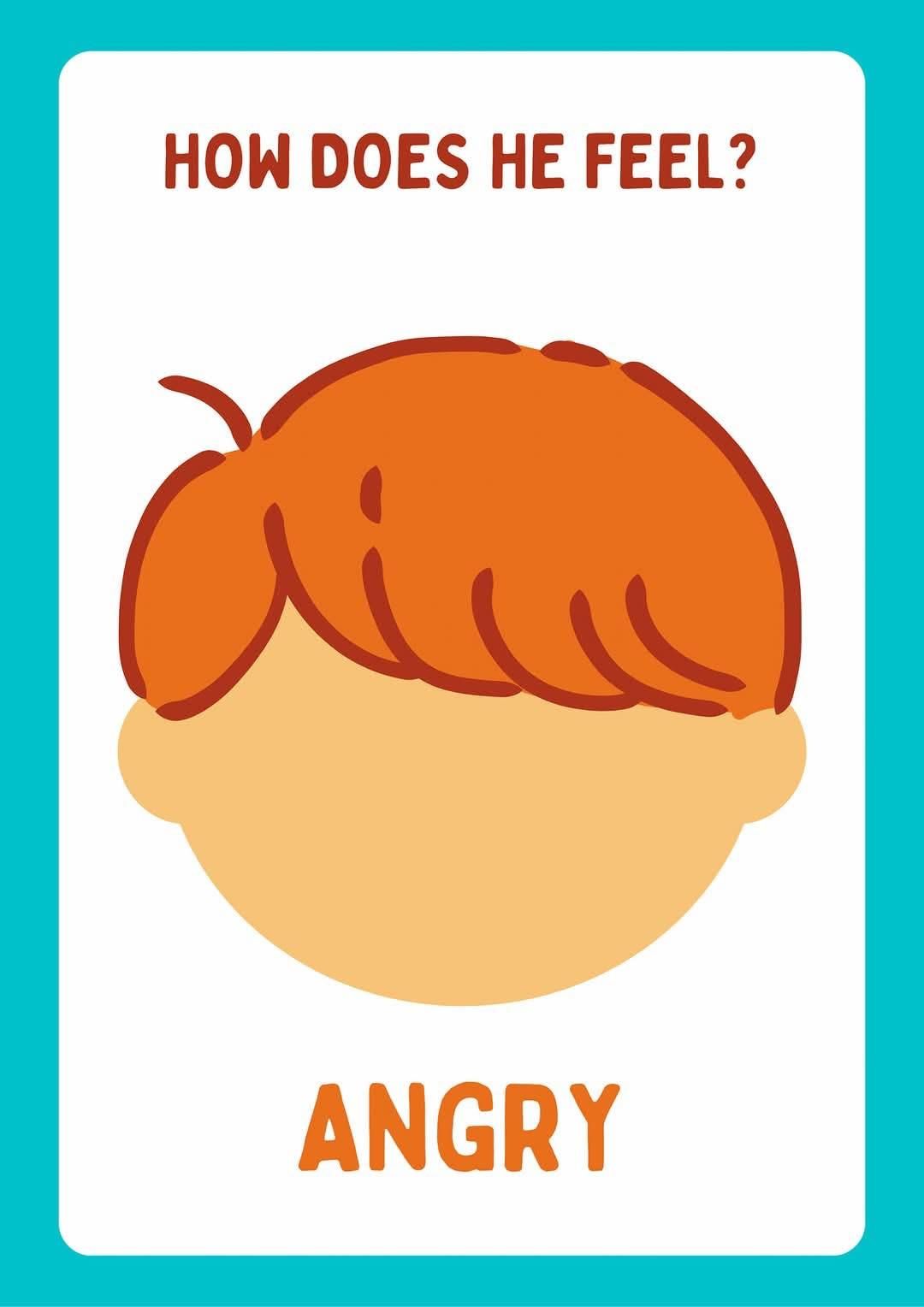 Illustration of a person with orange hair and a neutral expression; the card indicates he feels angry.