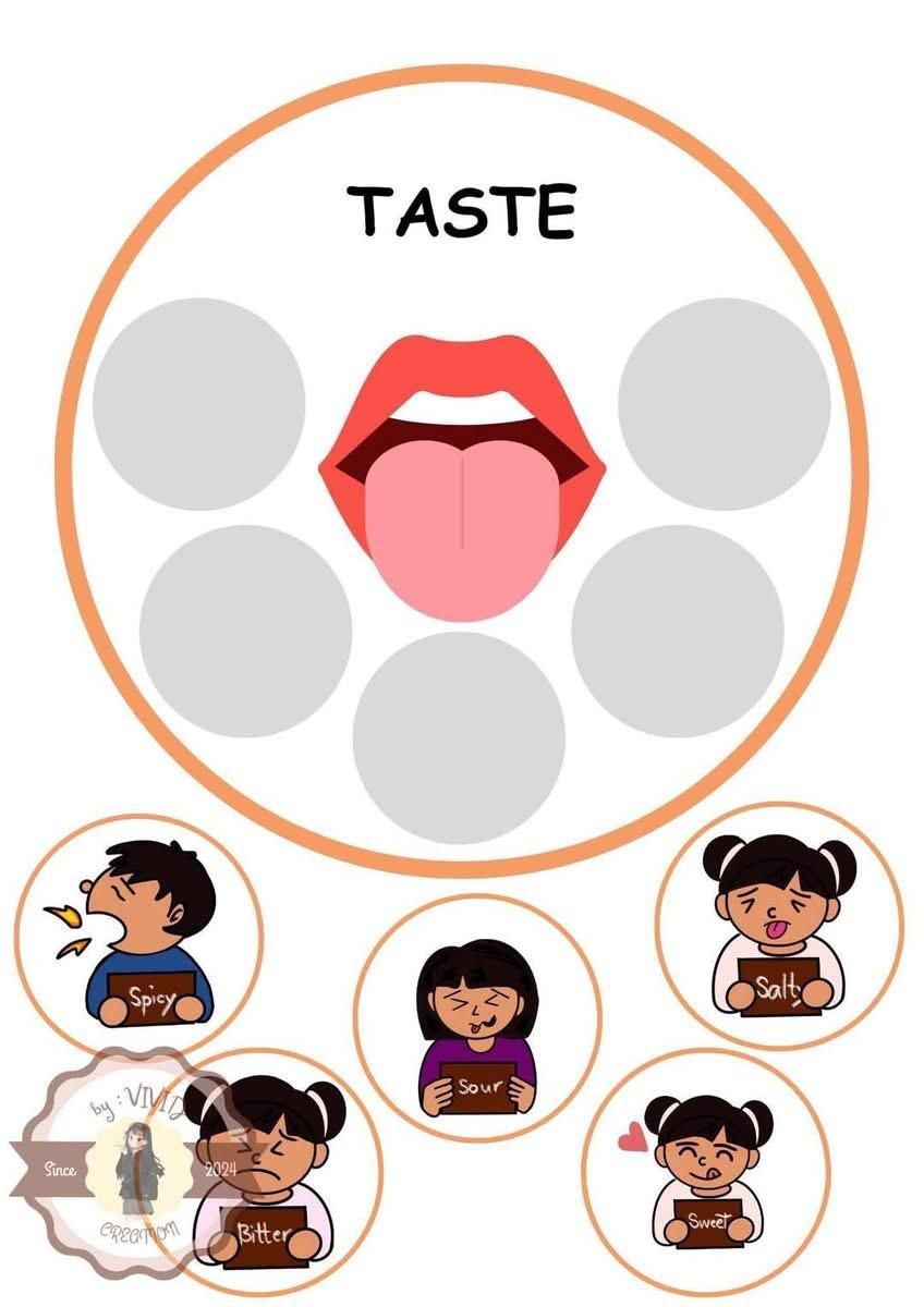 A diagram about taste featuring a mouth and children tasting and reacting to different flavors.