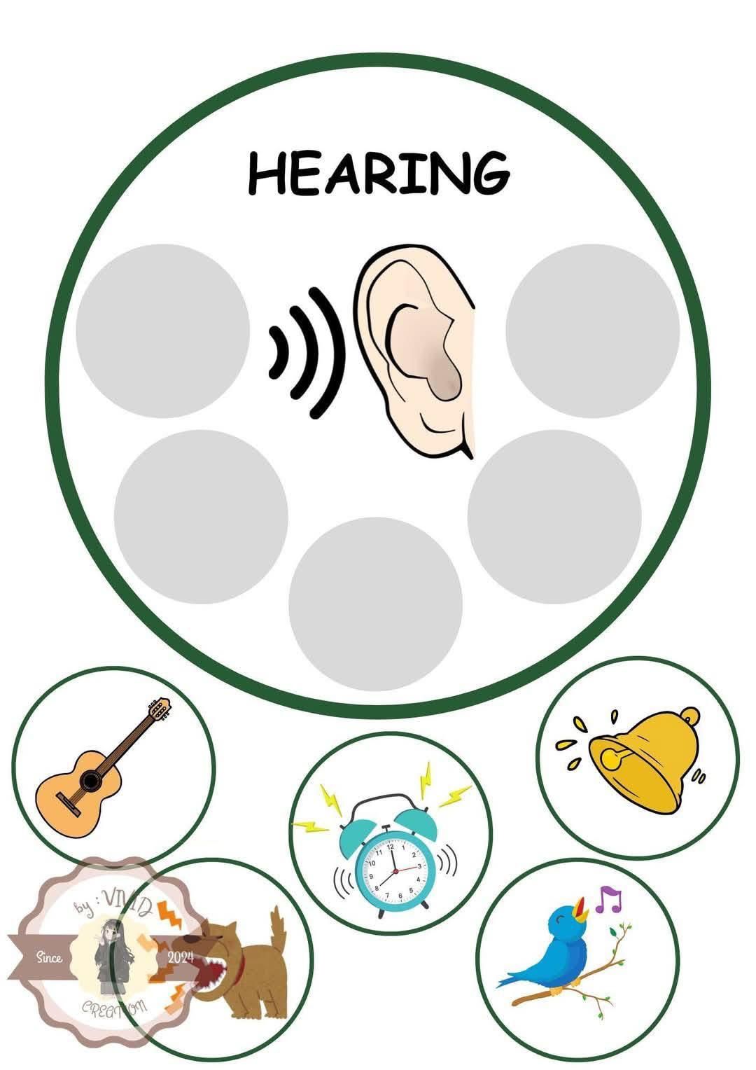A graphic about hearing. Includes an ear, sound waves, and pictures of a guitar, alarm clock, bell, bird, and dog.