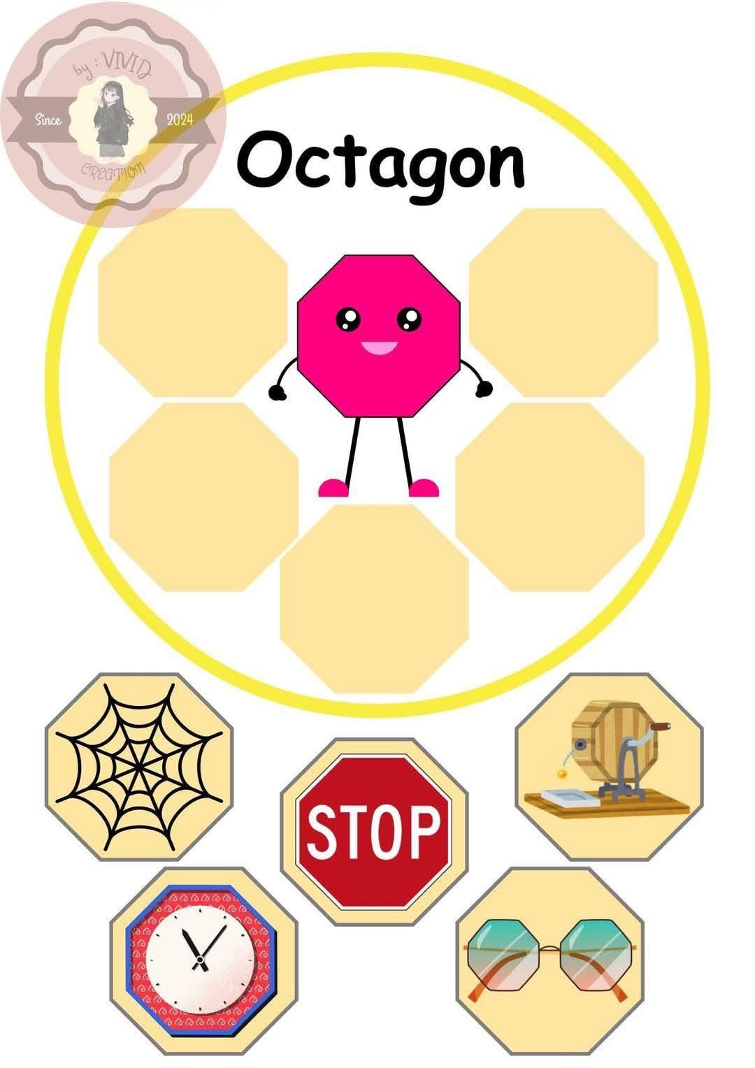 Educational worksheet: Octagon shape in pink with arms and legs, surrounded by blank octagons; examples at the bottom.