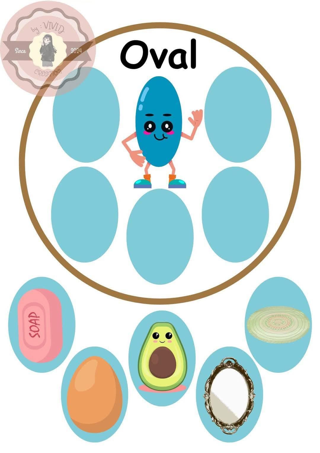 Oval shape matching game with a blue oval character, and examples.