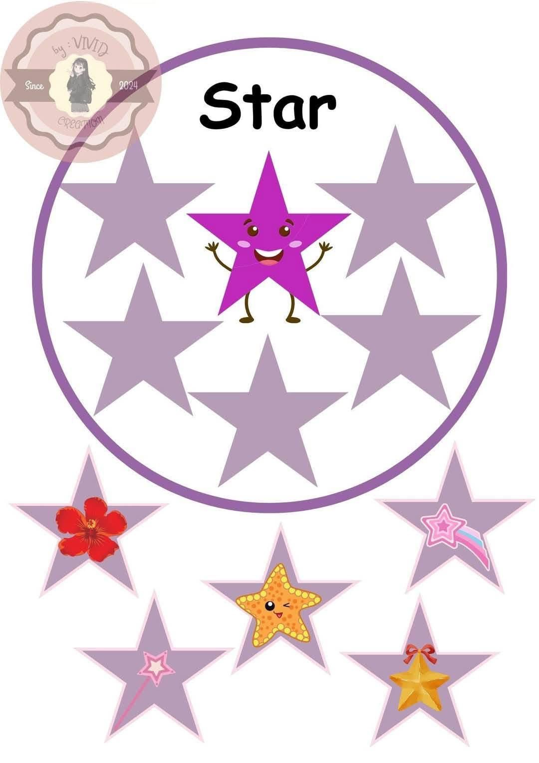 A purple star smiling with arms up. Matching game with six gray stars and five colored stars.