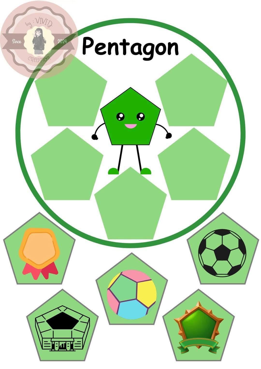 A green pentagon graphic with examples, including a medal, stadium, ball, and soccer ball.