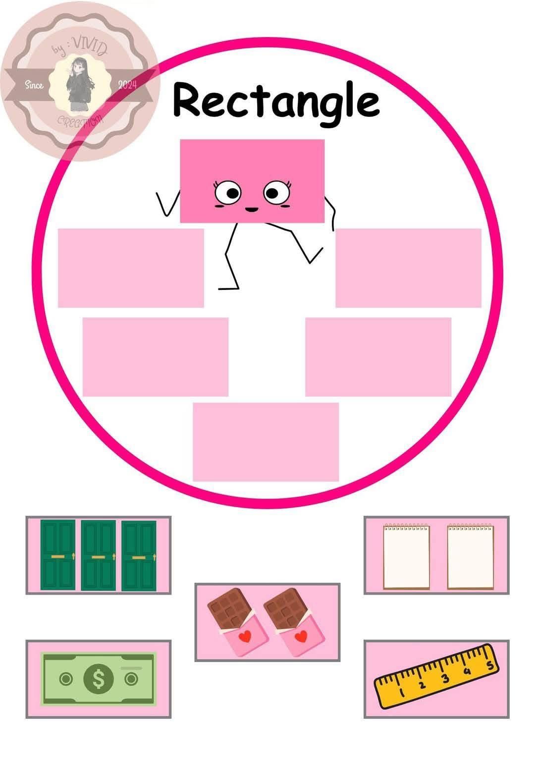 A worksheet teaching about rectangles. A pink rectangle figure with legs and arms surrounded by other rectangles and images of objects.
