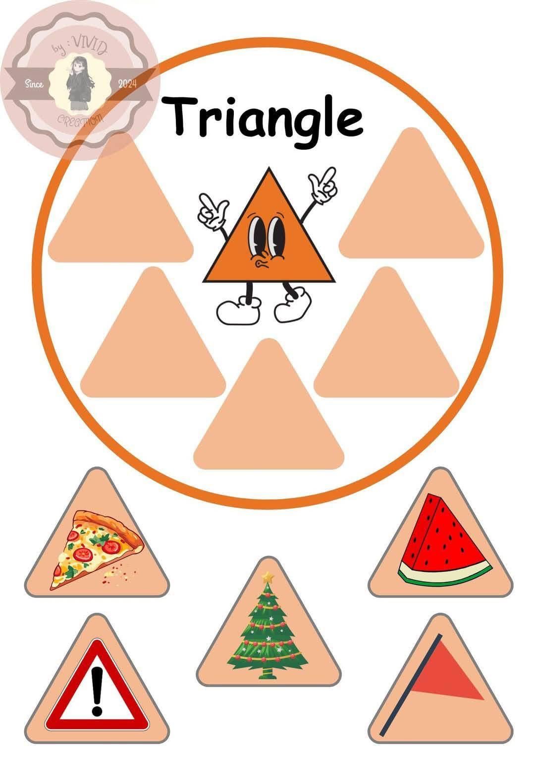 Shapes activity: triangle with triangles around it. Examples: pizza, watermelon, and a warning sign.