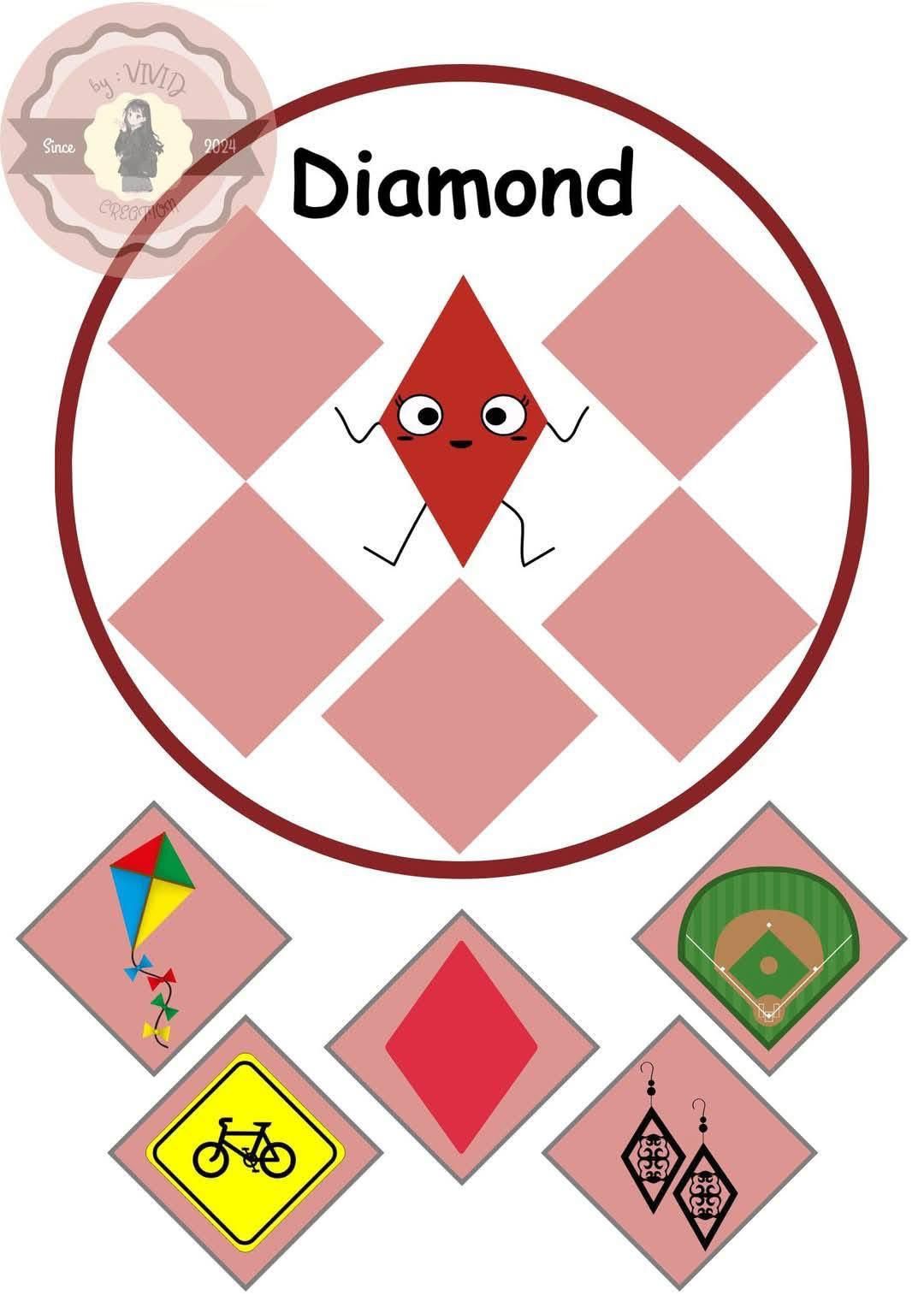 Diamond shape with red face and examples: kite, earrings, baseball field, bike sign.