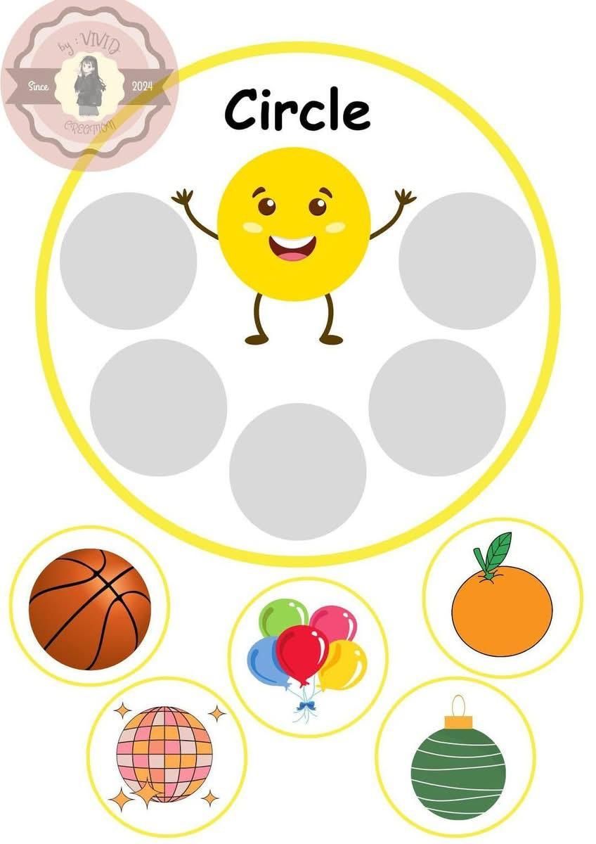 Worksheet: Identify circles. Matching a smiling yellow circle to a basketball, balloons, orange, disco ball, and ornament.