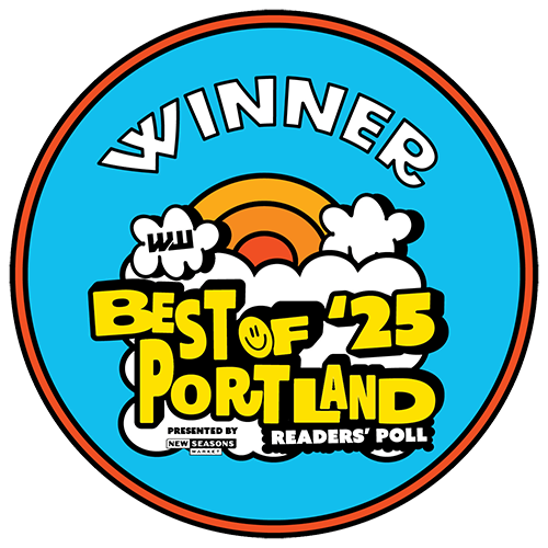 A blue circle with the words `` winner best of portland '' on it