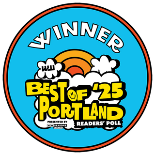 A blue circle with the words `` winner best of portland '' on it