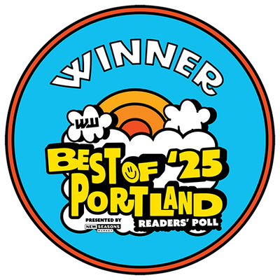 A blue circle with the words `` winner best of portland '' on it