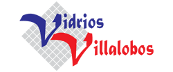 Logotipo de "Vidrios Villalobos" con forma de "V" estilizada de color azul y rojo sobre una cuadrícula gris.