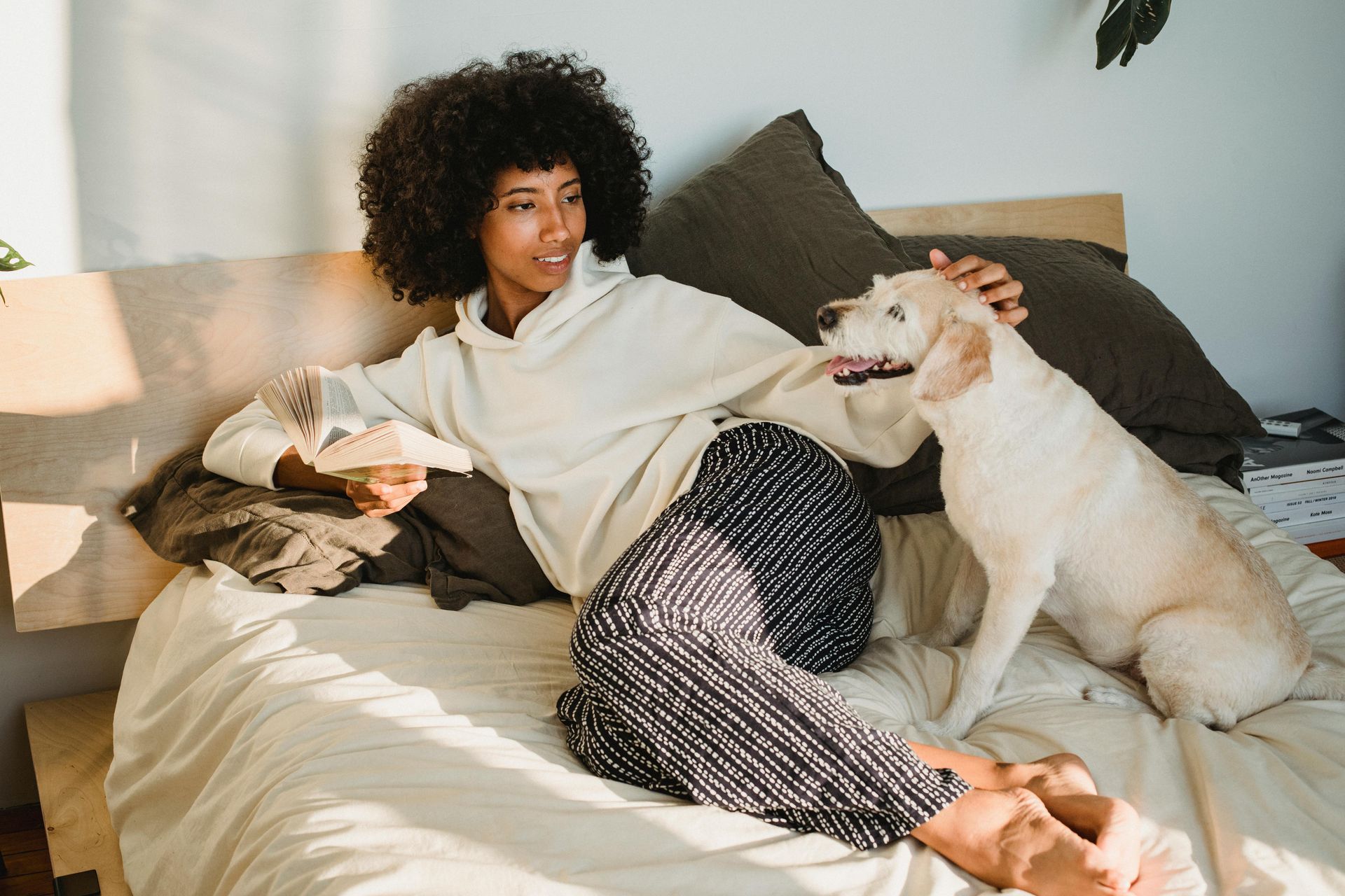 Woman in hoodie and patterned pants pets a yellow lab on a bed.