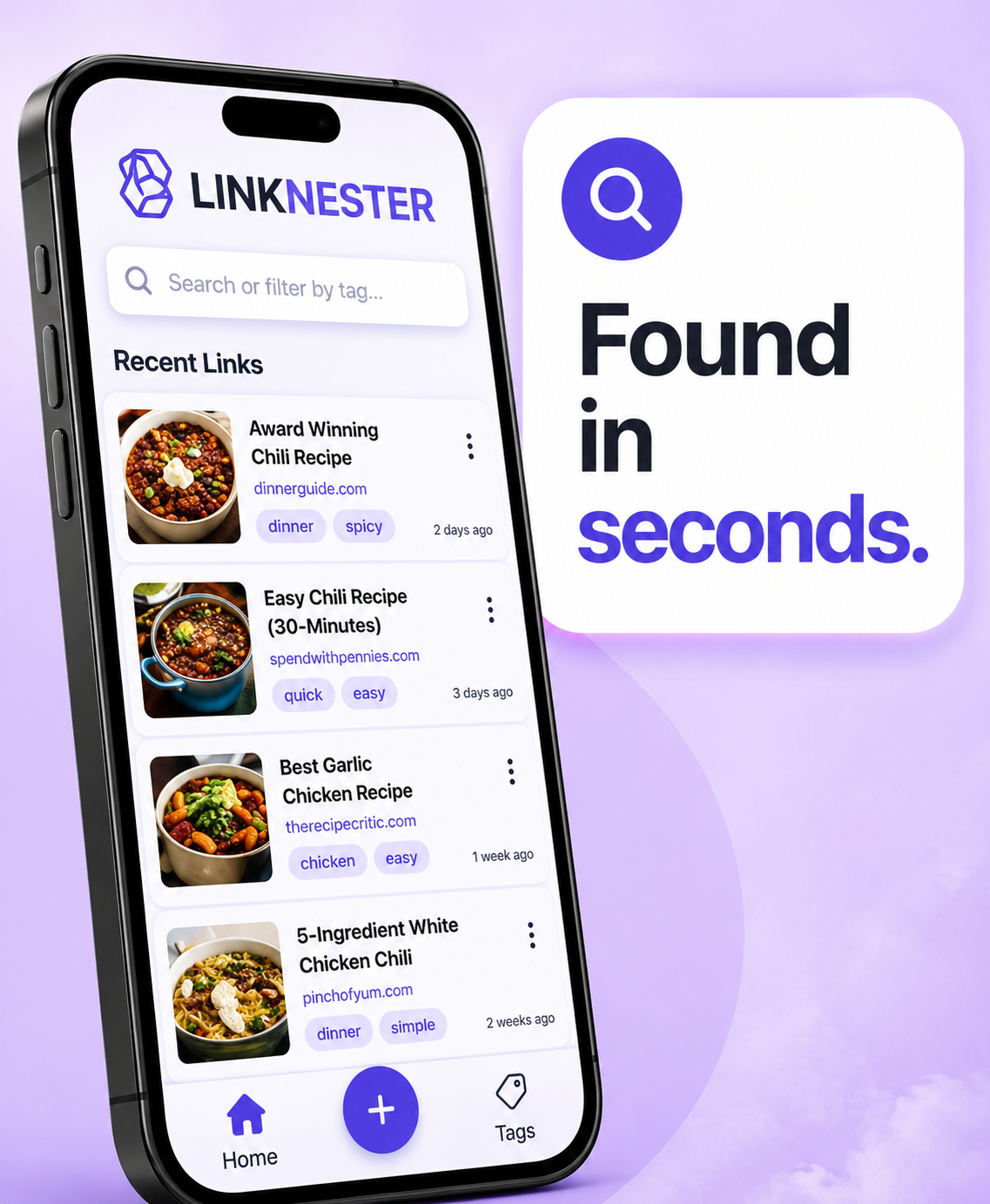 LinkNester app on a phone beside “Found in seconds” text on a purple background.
