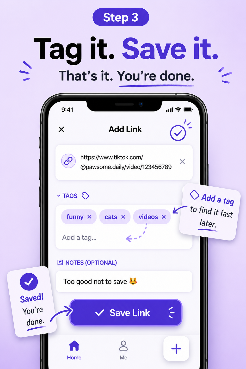 Purple app promo showing “Tag it. Save it.” with an Add Link screen and save button