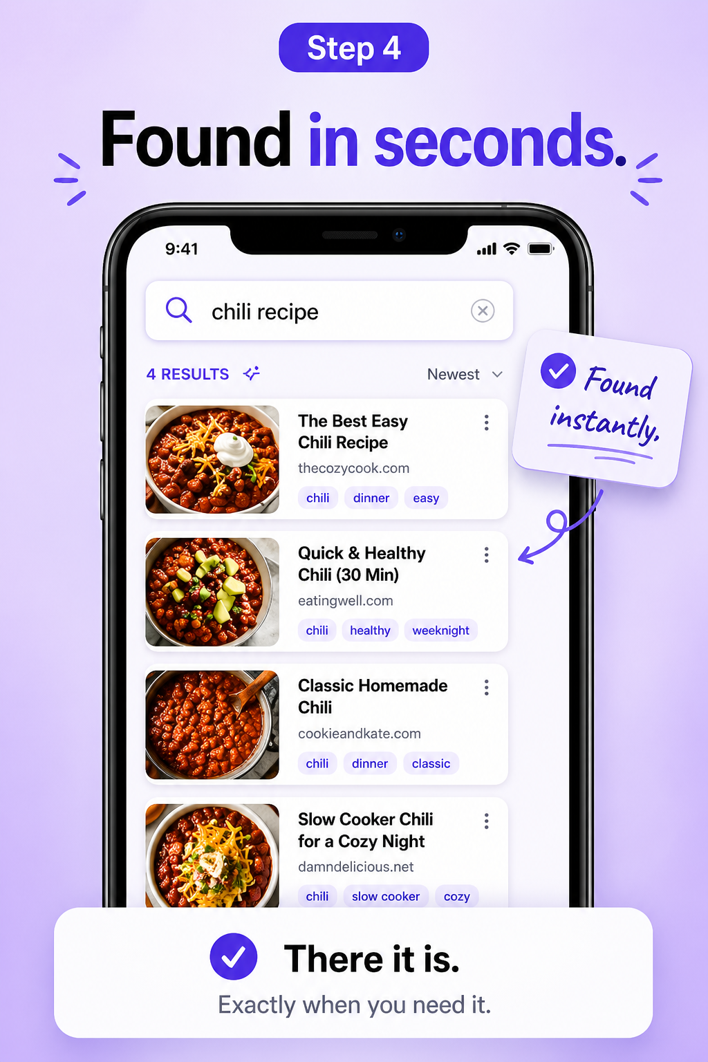Mobile app screen showing chili recipe search results with a “Found instantly” badge.