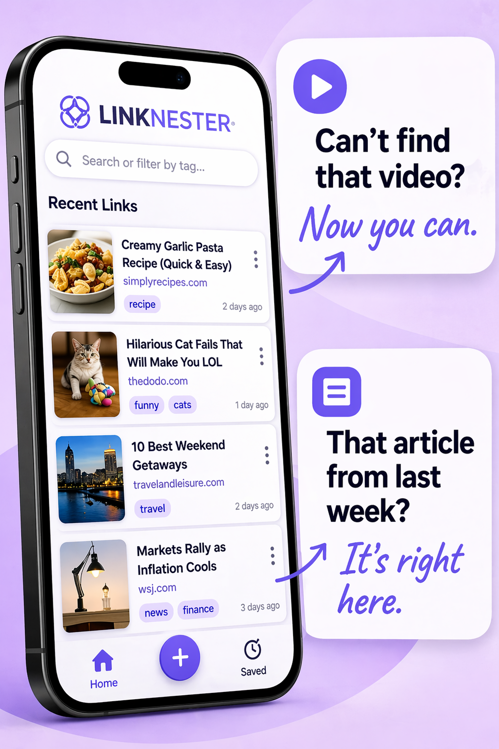 LinkNester app mockup on a phone, with purple callouts for video and article recommendations.
