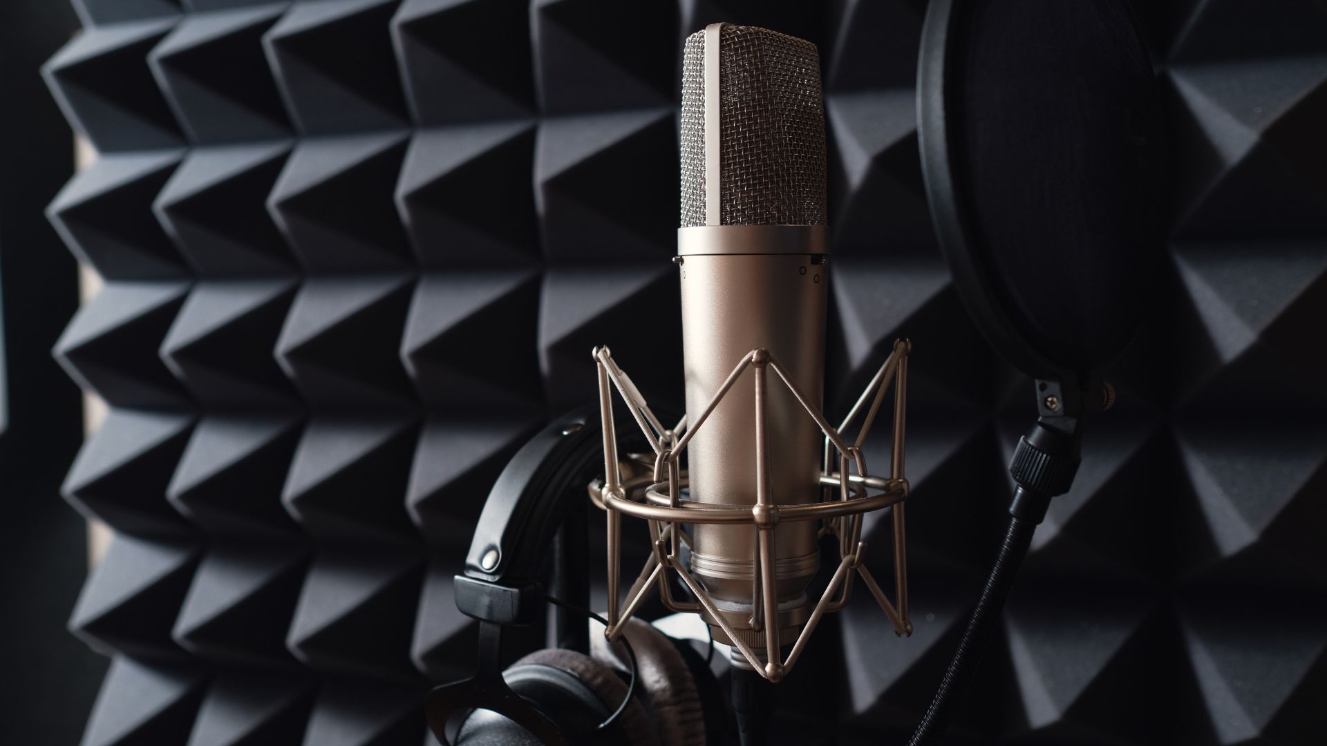 a close up of a microphone and headphones in a recording studio .