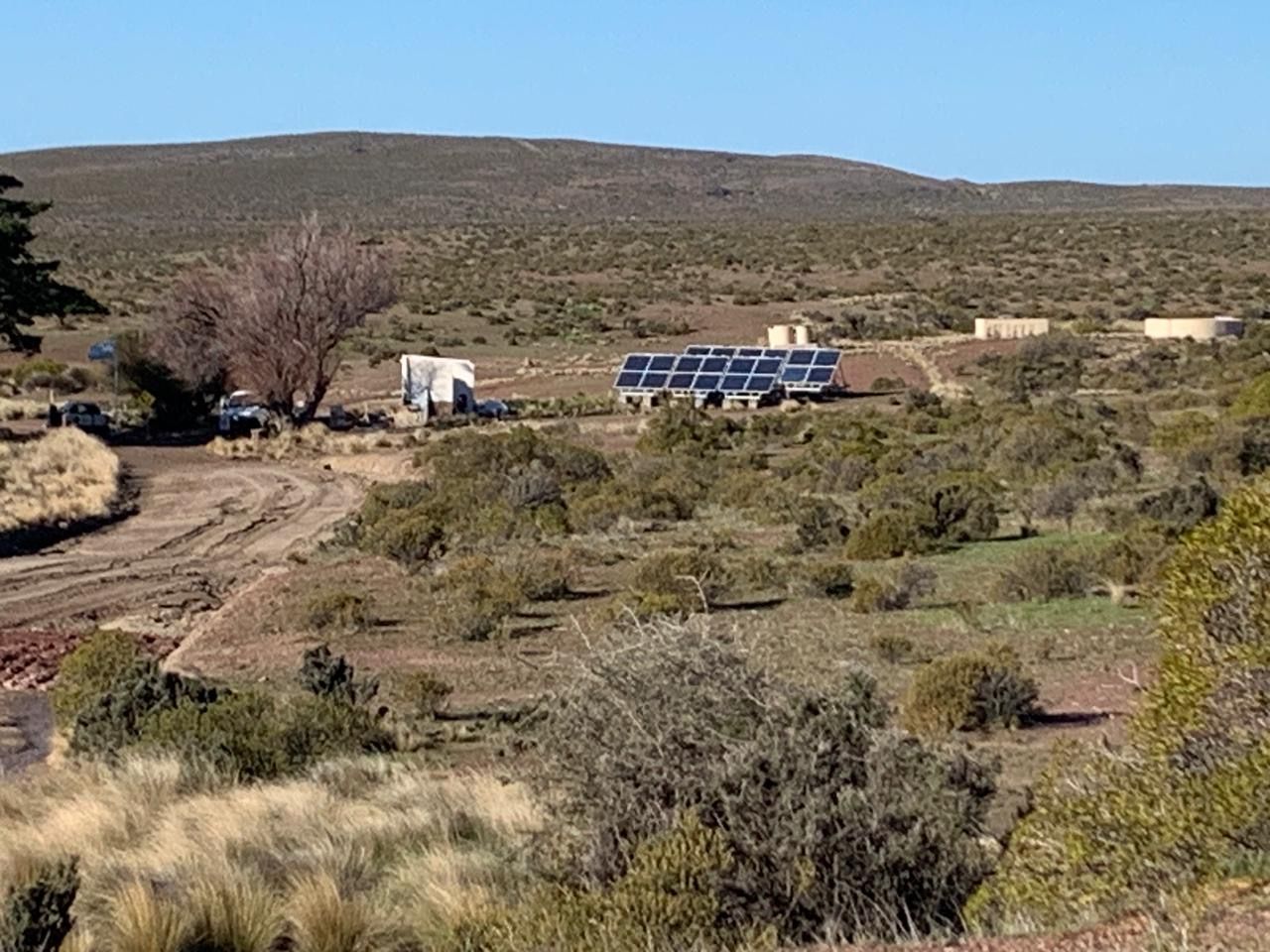 Paneles solares en un campo, cerca de un edificio y tanques de agua, bajo un cielo azul, rodeado de arbustos.