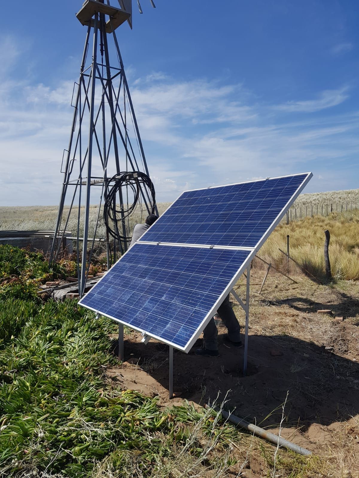 Instalación de paneles solares junto a un molino de viento en un campo en un día soleado.