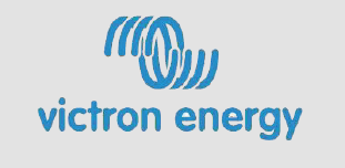 Logotipo de Victron Energy con bobinas y texto entrelazados en color azul.