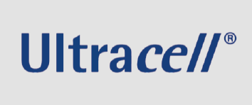 Logotipo de Ultracell azul sobre fondo gris claro.